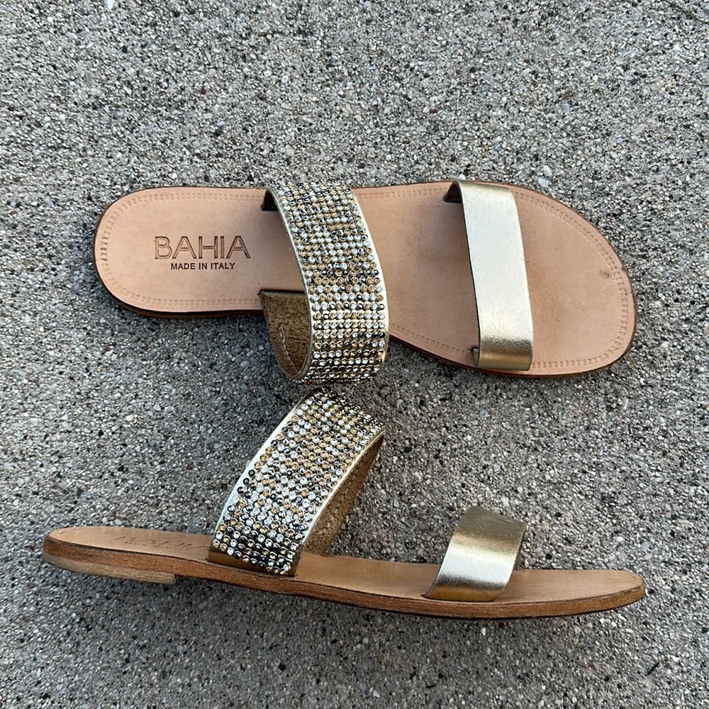Bahia leather gold rhinestone flat slide sandal